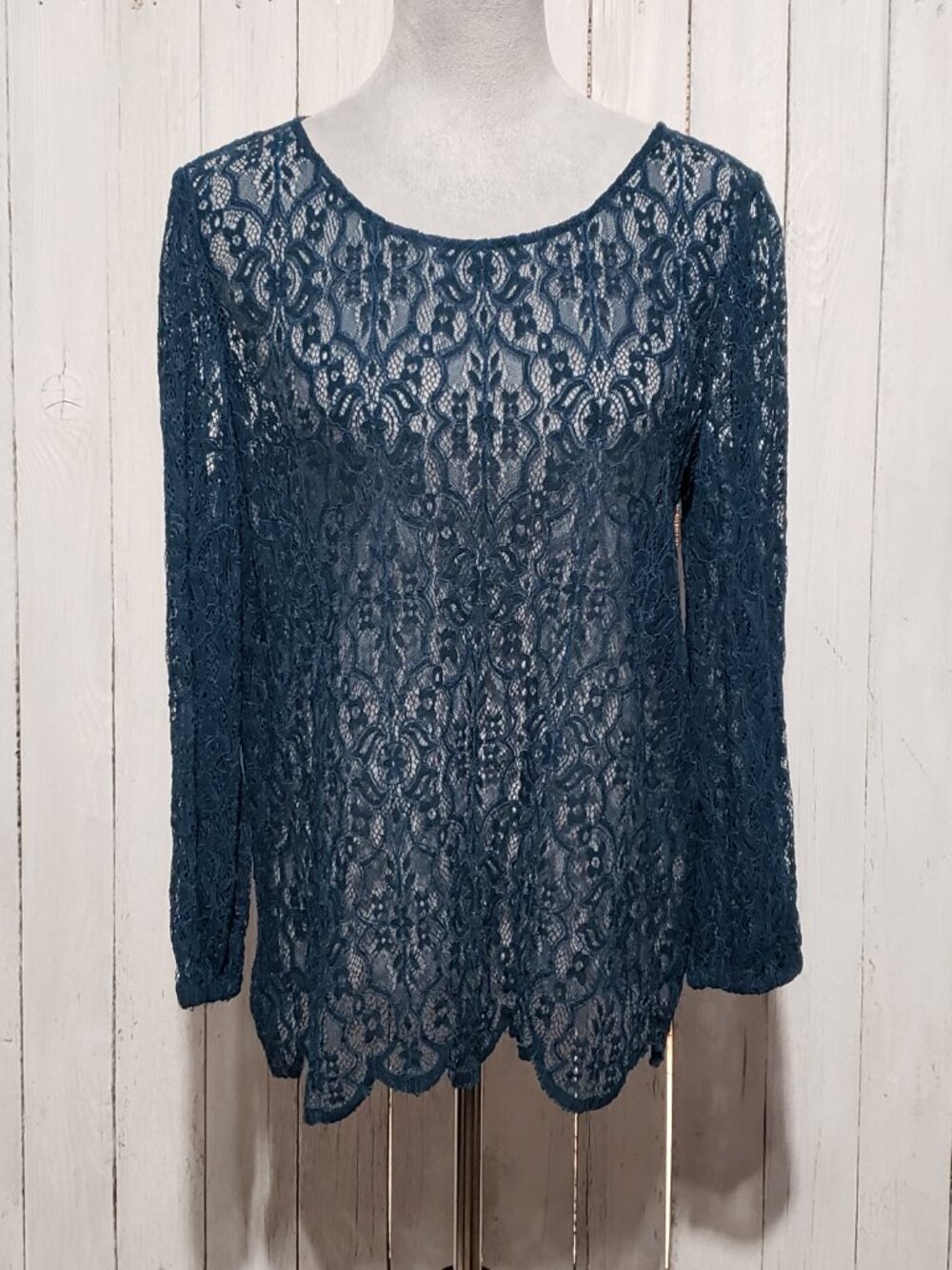 Loft M Teal Blue Top Scalloped‎ Lace Boho Fairy Grunge Romantic Moody Y2K 90s - Picture 2 of 7